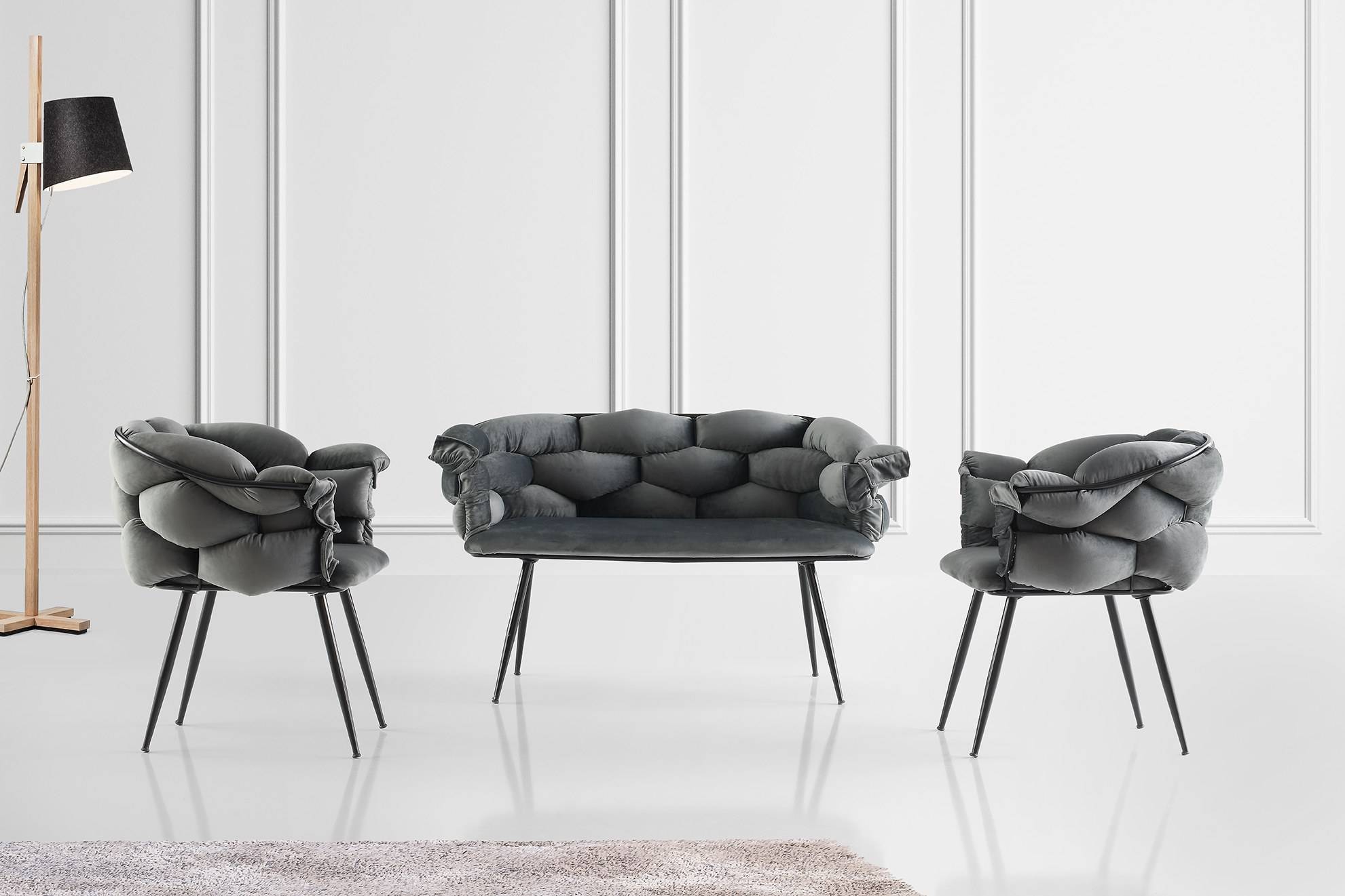 Set di divano a 2 posti e 2 poltrone Krogh in metallo nero e velluto grigio scuro