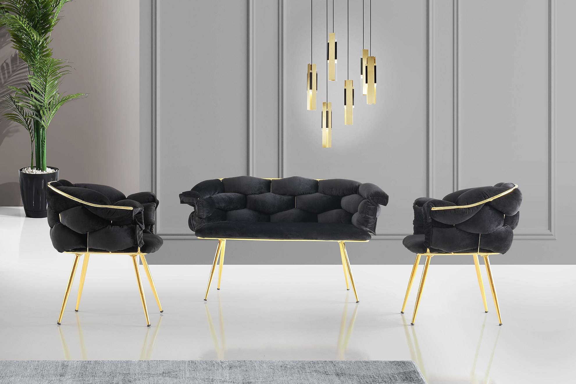Set di divano a 2 posti e 2 poltrone Krogh in metallo oro e velluto nero