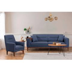 Conjunto de sofá cama de 3 plazas, sillón y mesa auxiliar Agios Tela Azul Oscuro