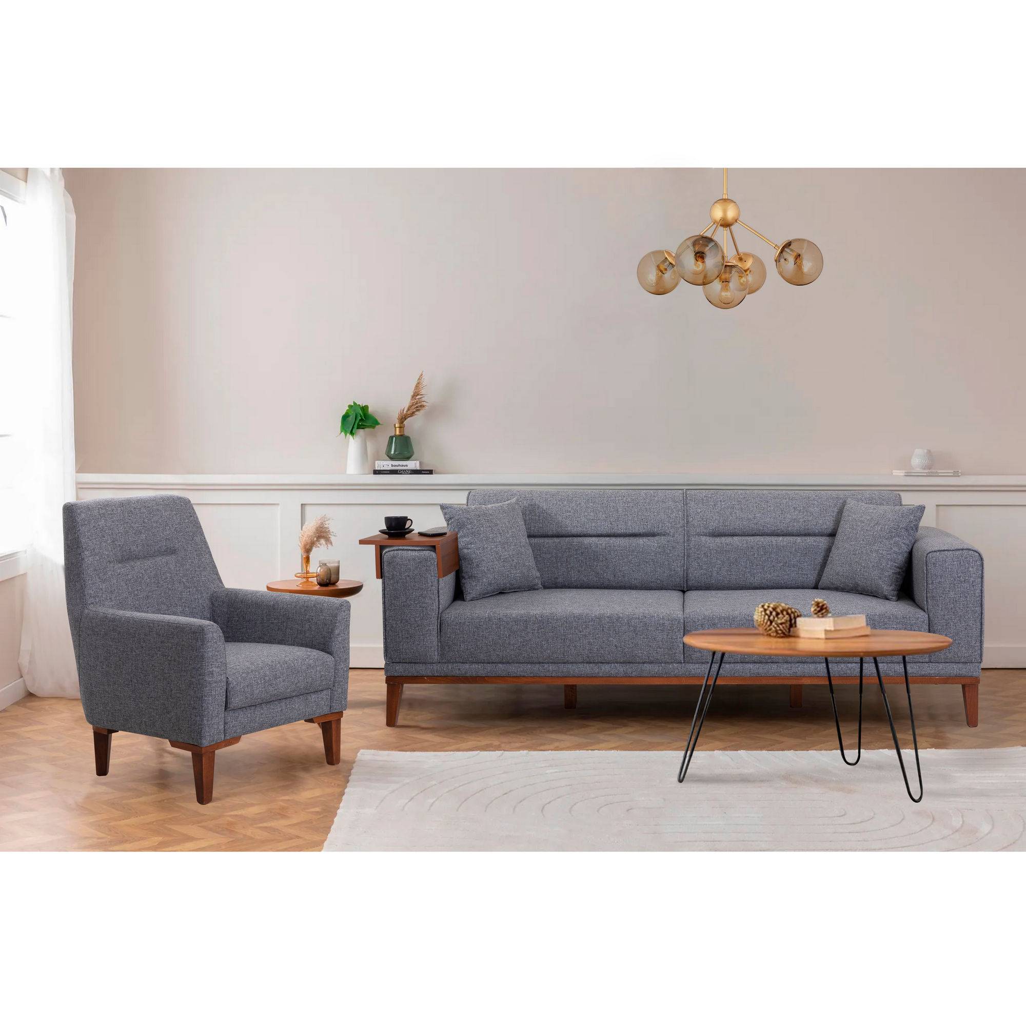 Agios 3-Sitzer-Set aus wandelbarem Sofa, Sessel und Beistelltisch mit dunkelgrauem Stoff