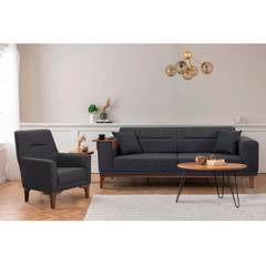 Set aus 3-sitzigem Sofa (umwandelbar), Sessel und Beistelltisch Agios Stoff Anthrazit
