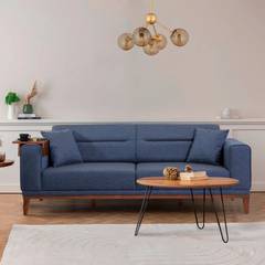 Conjunto de sofá cama de 3 plazas, sillón y mesa auxiliar Agios Tela Azul Oscuro