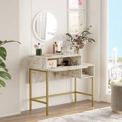 Set di tavolino da toilette e specchio da parete Suhail in metallo dorato e legno con effetto marmo bianco