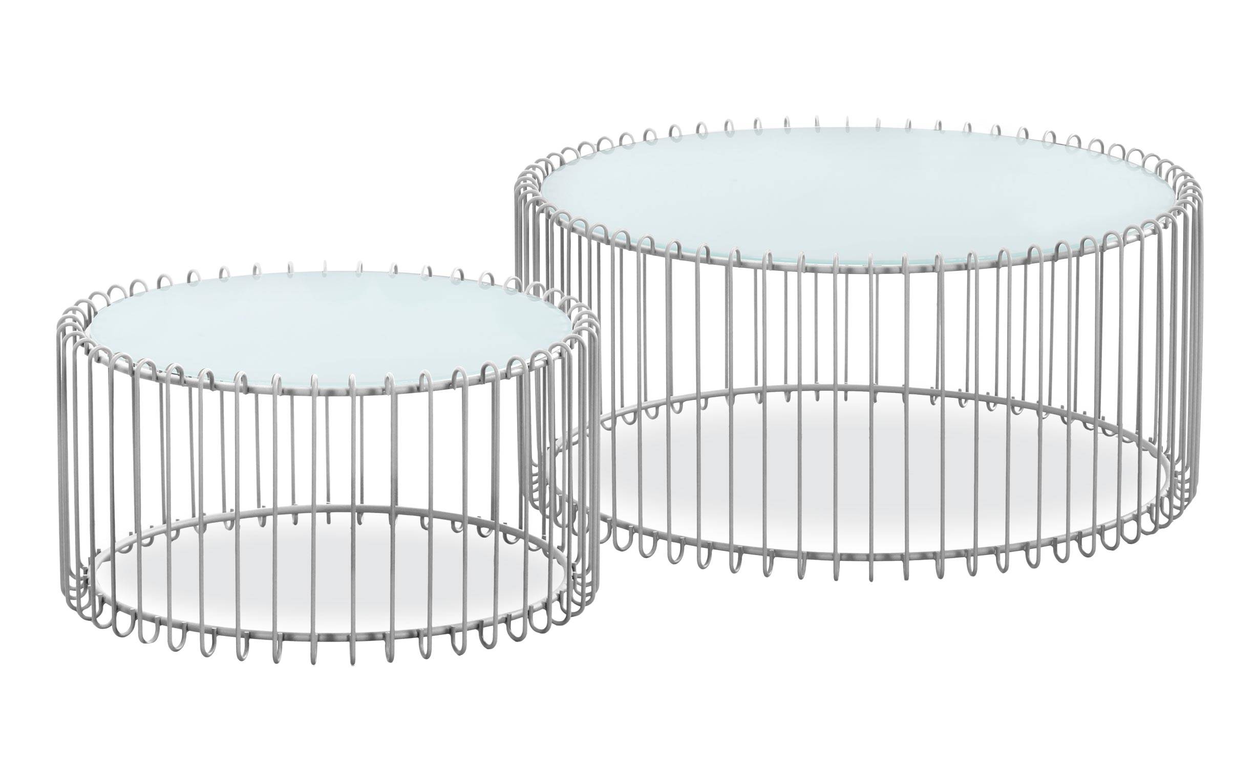 Set di 2 tavolini universo in vetro bianco e metallo grigio