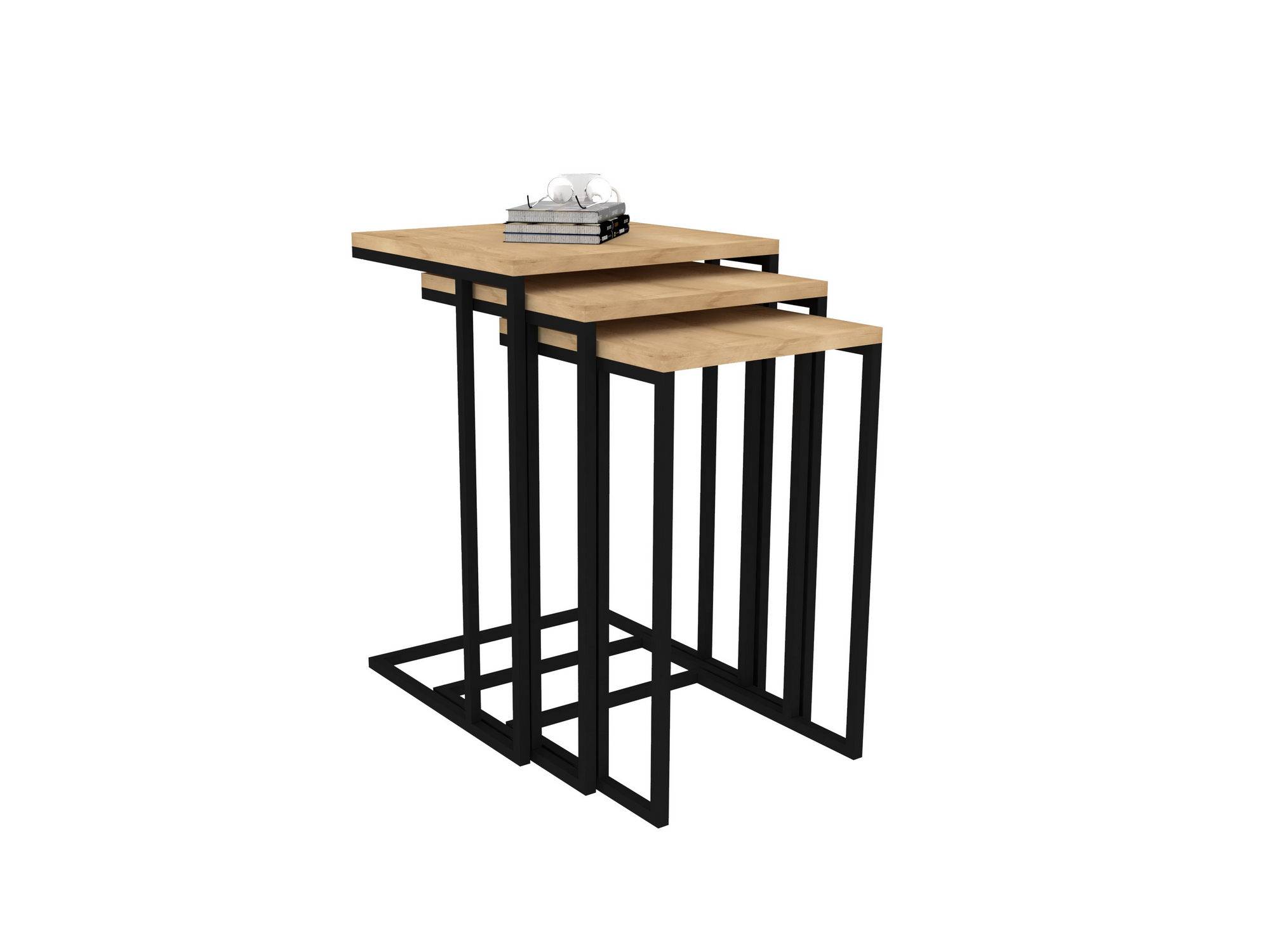 Set di 3 tavolini Ineke in metallo nero e legno chiaro
