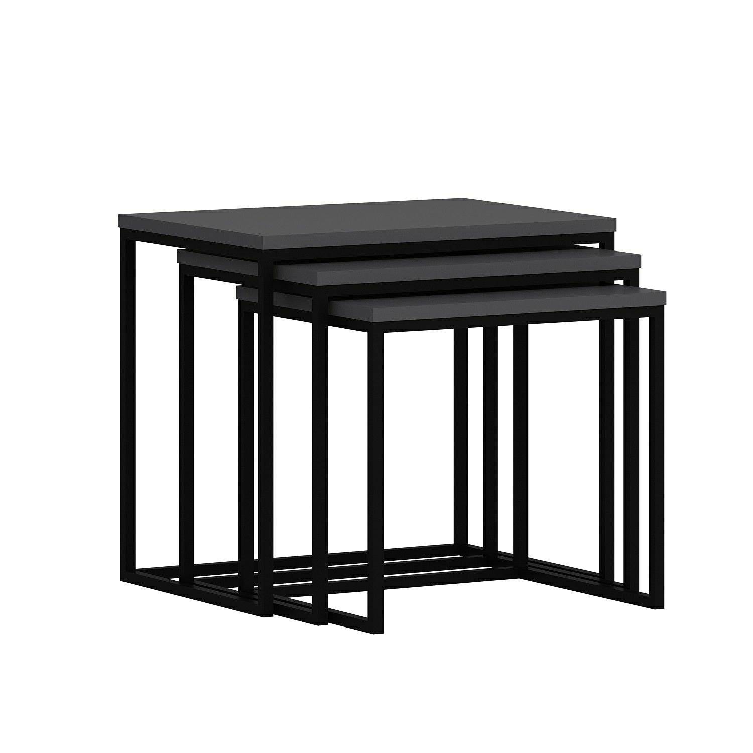 Set van 3 Gili salontafels in industriële stijl, zwart metaal en antraciet hout