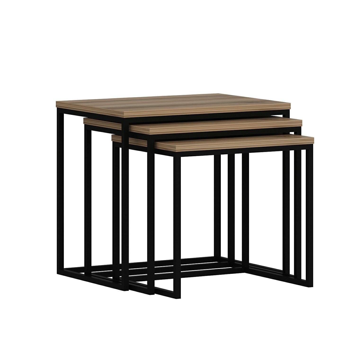 Set van 3 Gili salontafels in industriële stijl, zwart metaal en donker hout