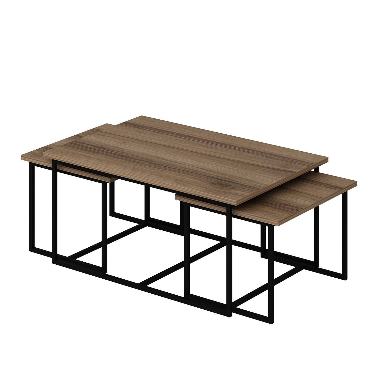 Set di 3 tavolini in stile industriale Langkawi in metallo nero e legno scuro