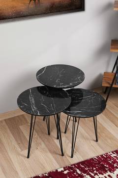 Set di 3 tavolini Storm in metallo e legno, effetto marmo nero