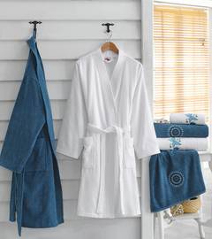 Badeset 100% baumwollstoff aus 2 Bademänteln und 4 Handtüchern Marino Blau und Weiß