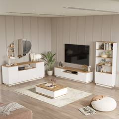 Conjunto de muebles de salón Dani en madera clara y blanco