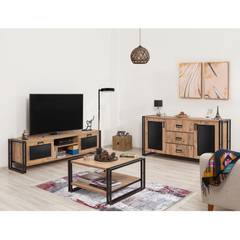 Aodh meubelset in industriële stijl Zwart metaal en licht hout