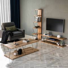 Conjunto de muebles de salón de madera clara y metal negro Tlosy