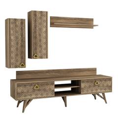 TV-Möbel, 2 Schränke und 1 Regal Omaha Dunkles Holz Geometrisches Muster