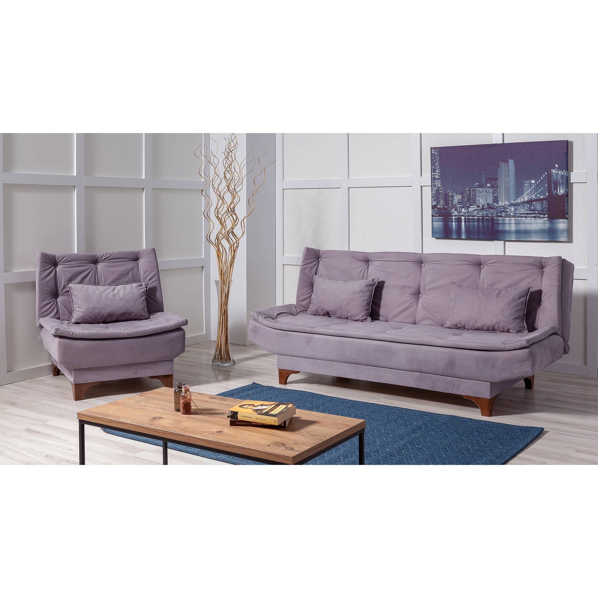Conjunto de sofá y sillón convertible de 2 plazas Lefkada tejido burdeos