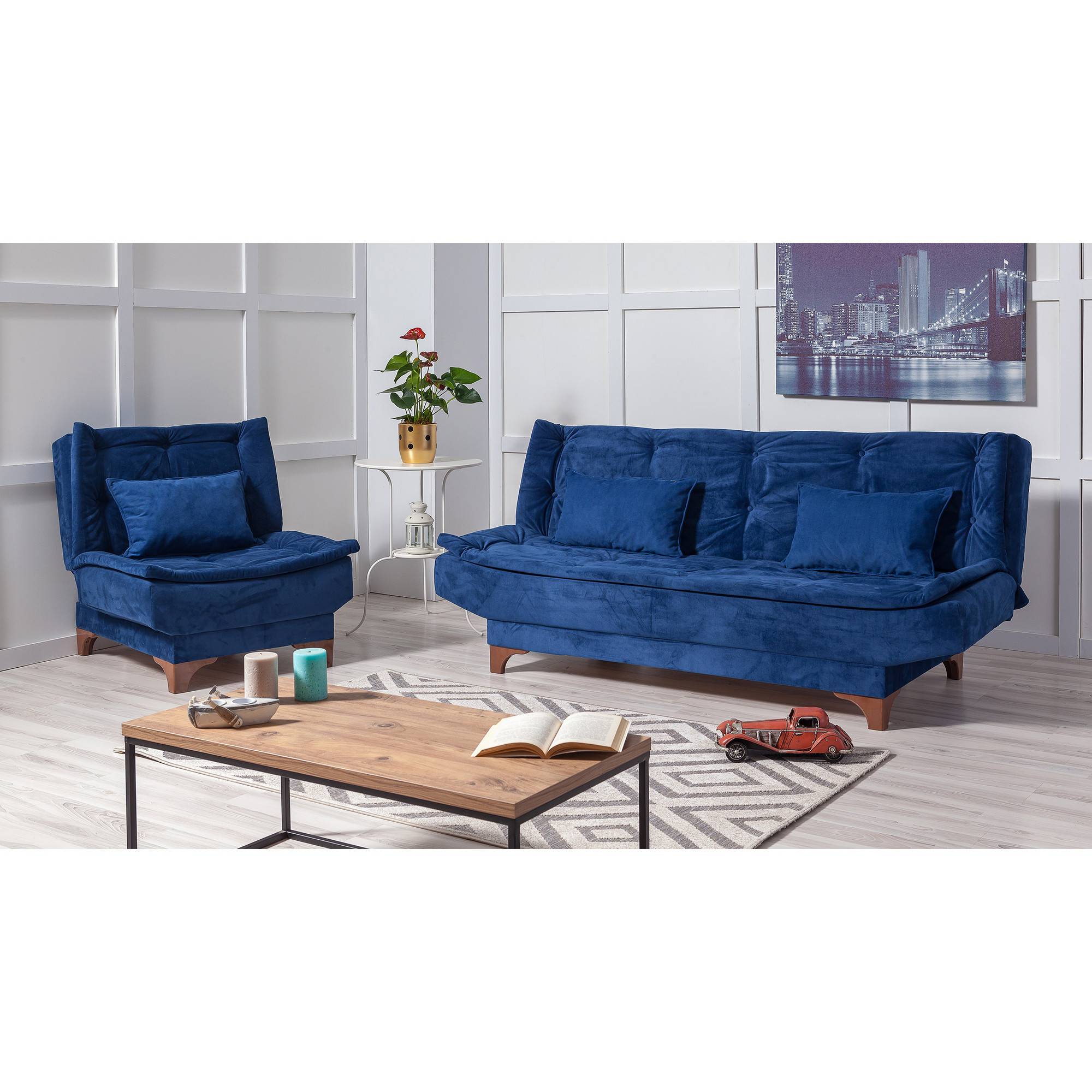 Conjunto de sofá y sillón convertible de 3 plazas Lefkada Tela Azul Oscuro