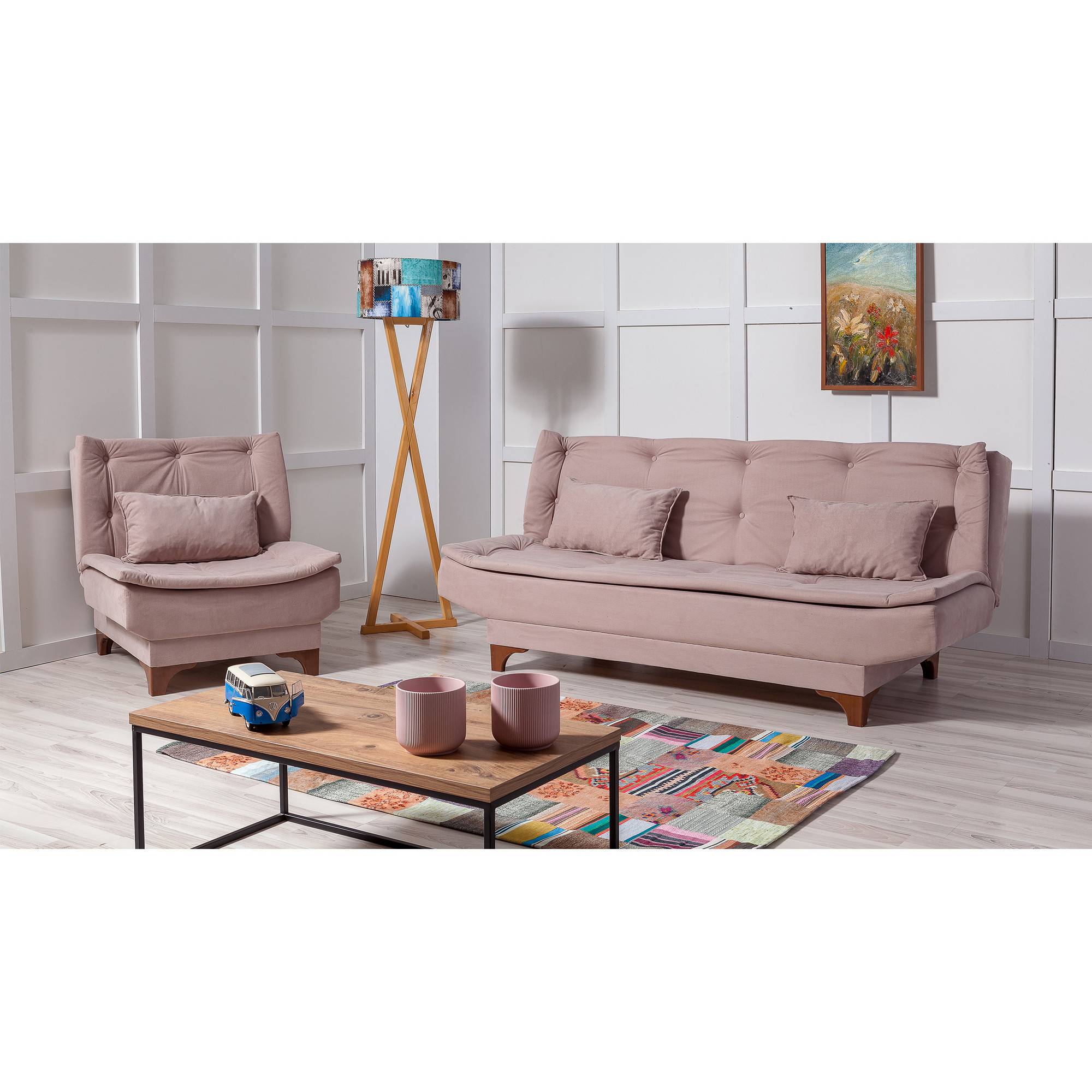 Set poltrona e divano trasformabile Lefkada 3 posti Tessuto rosa cipria