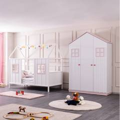 Ensemble Lit cabane et armoire pour enfant Petla 90x190cm Blanc et Rose