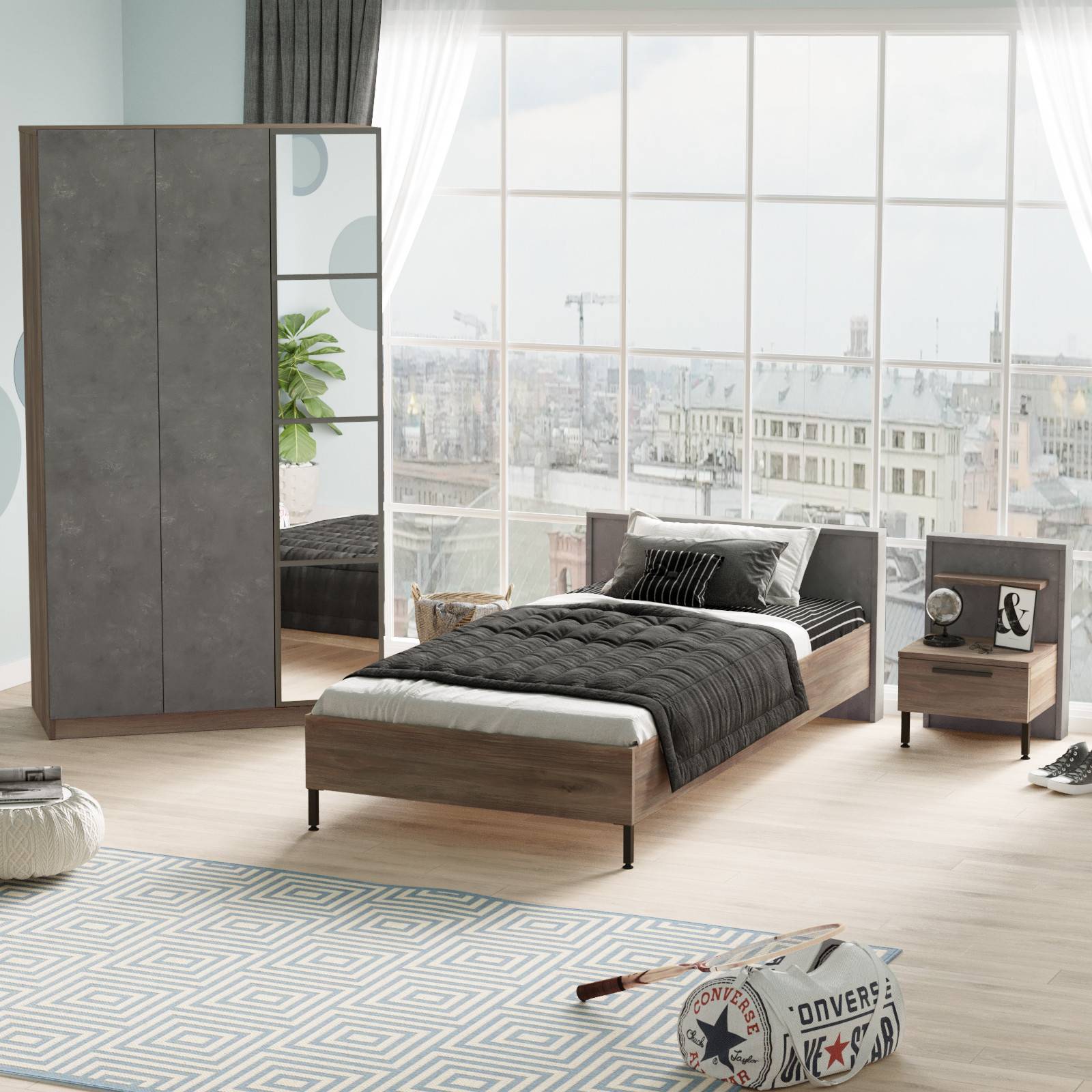 Dormitorio Scorch con cama de 90x190cm y 2 muebles modelo 1 Madera oscura y Gris efecto hormigón
