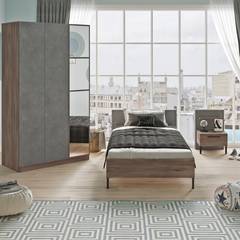 Set aus Einzelbett, Beistelltisch und 3-türigem Kleiderschrank Scorch Naturholz und Grau