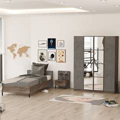 Dormitorio Scorch con cama de 90x190cm y 2 muebles modelo 2 Madera oscura y gris efecto hormigón