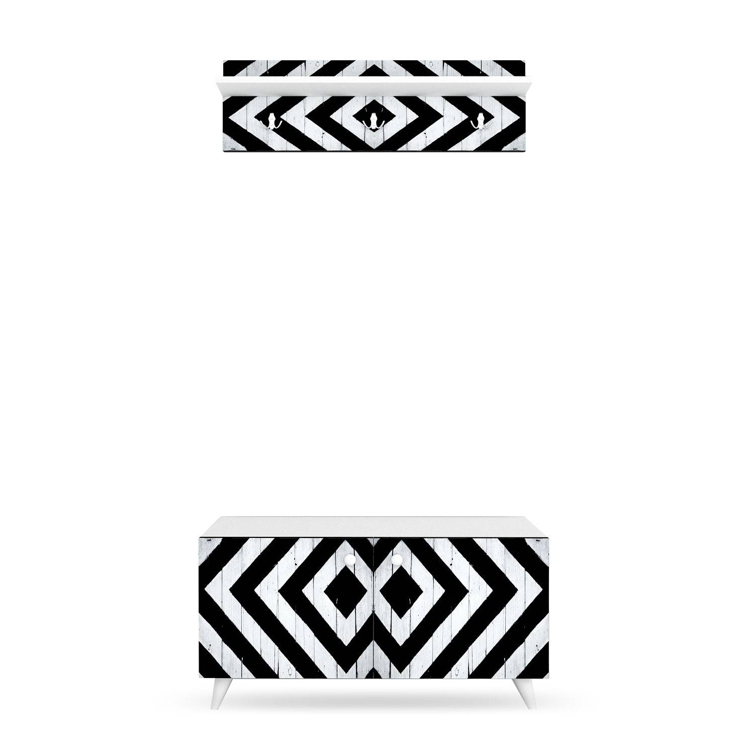 Juego de zapatero y estante de pared Vikac con patrón geométrico en blanco y negro
