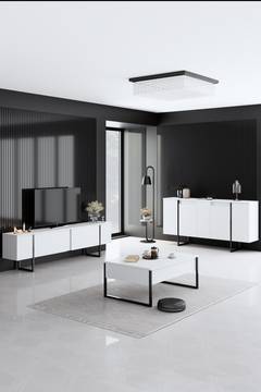 3-teiliges Wohnzimmermöbel-Set Sibylle Metall Schwarz und Holz Weiß