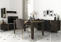 Set di mobili da soggiorno con tavolo da pranzo in legno scuro e marmo nero Frisko