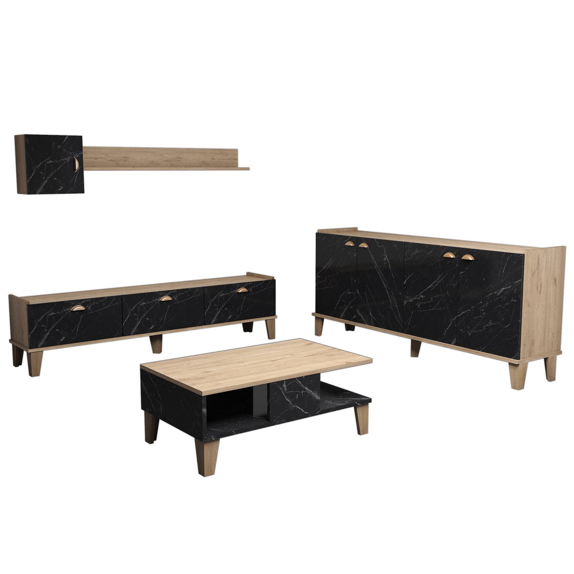 Ensemble meubles de salon noir mat et chêne - Burgos