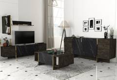 Set di mobili per il soggiorno in legno scuro e marmo nero Frisko