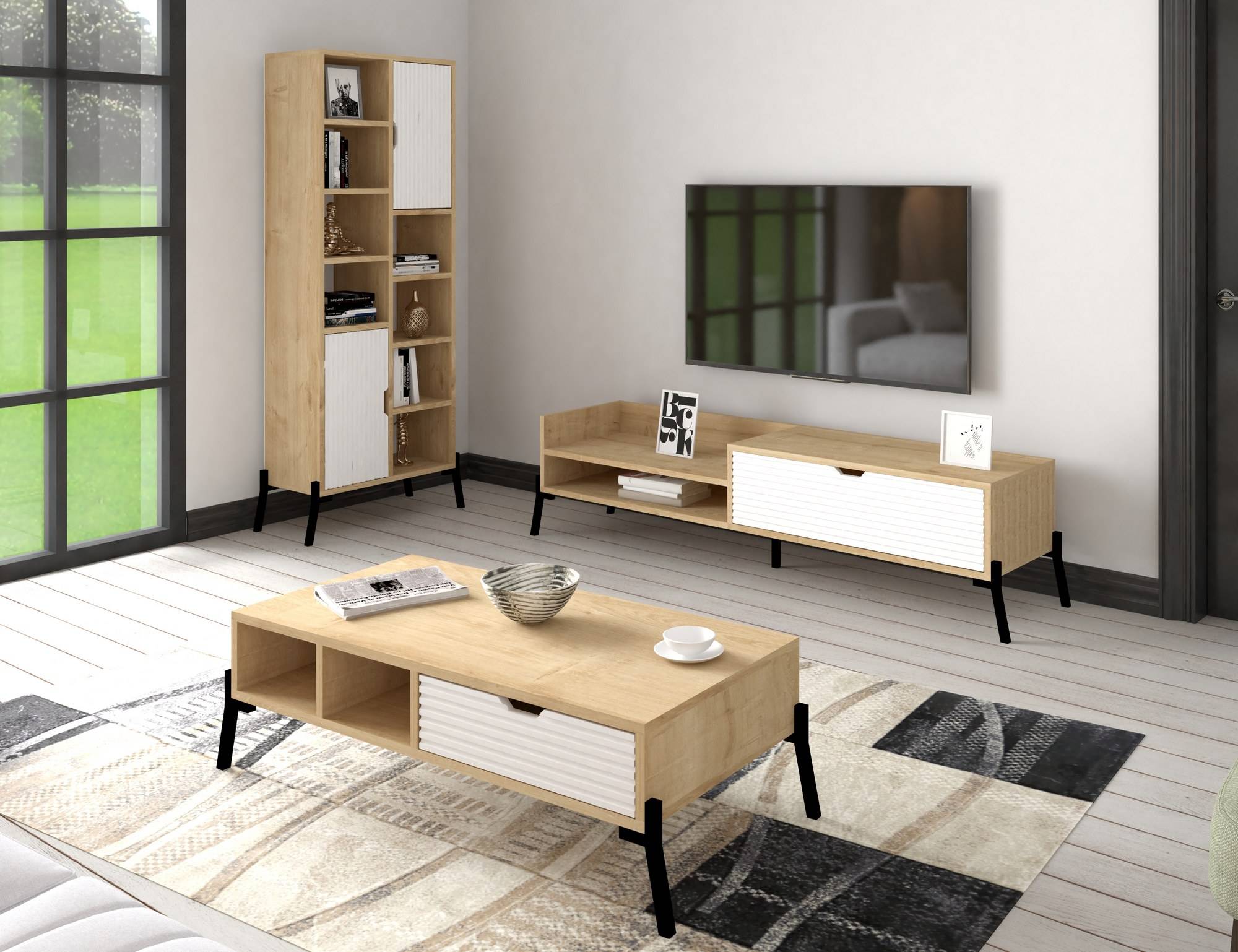 Conjunto de muebles Ladi en roble claro y blanco