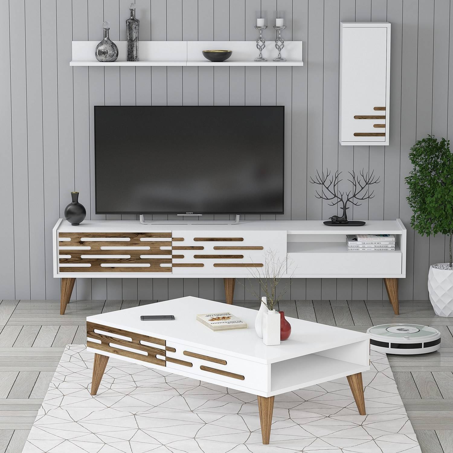 Set di mobili da salotto in legno scuro e bianco Oviva