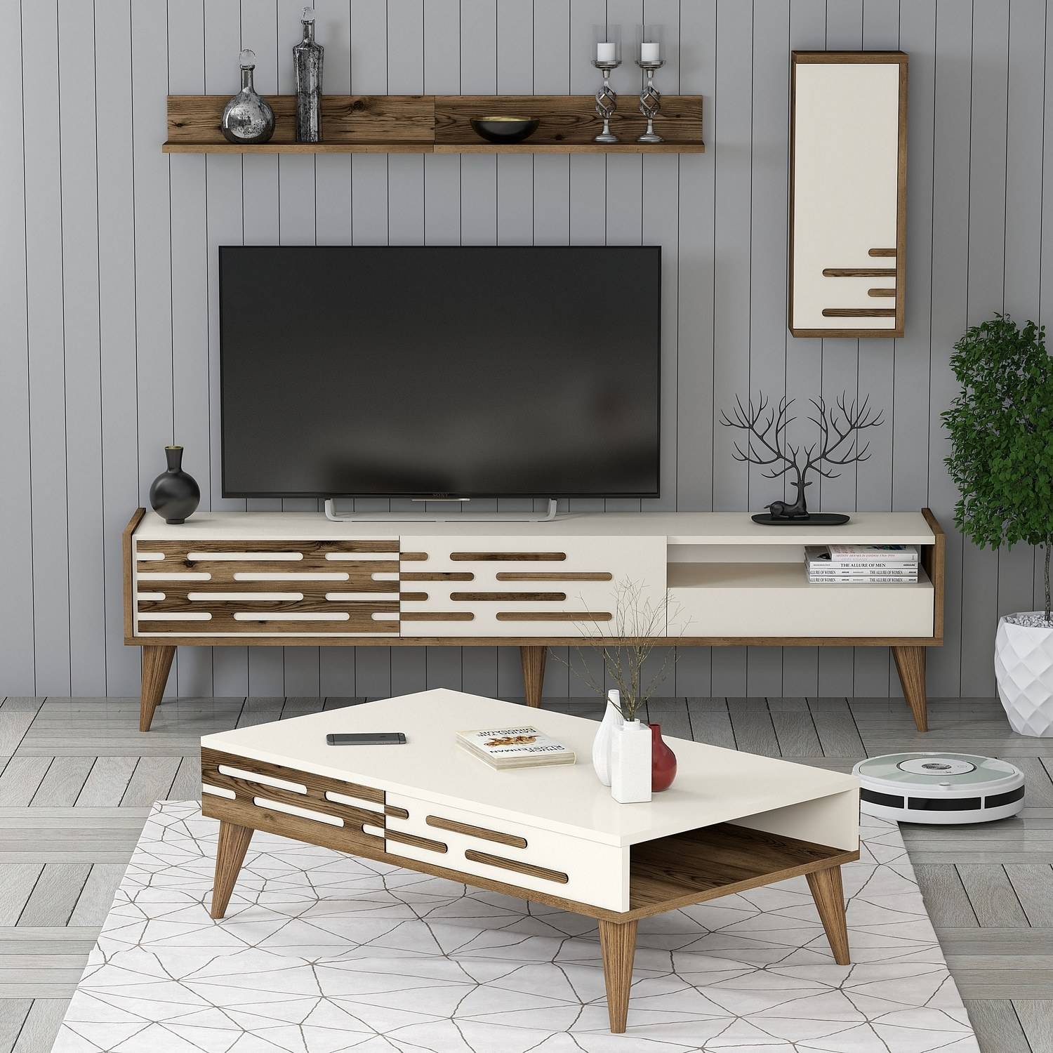 Set di mobili da salotto Oviva in legno scuro e bianco crema