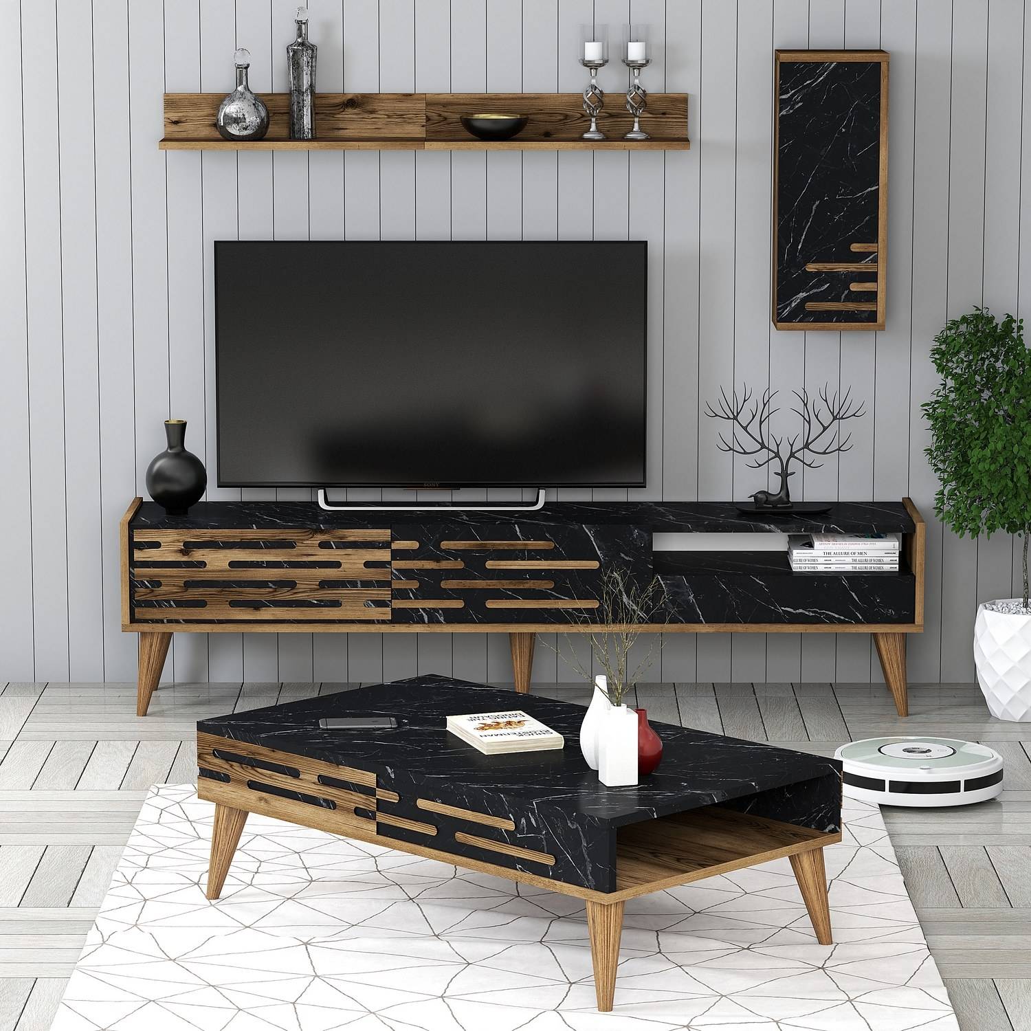 Set di mobili per il soggiorno Oviva in legno scuro e marmo nero