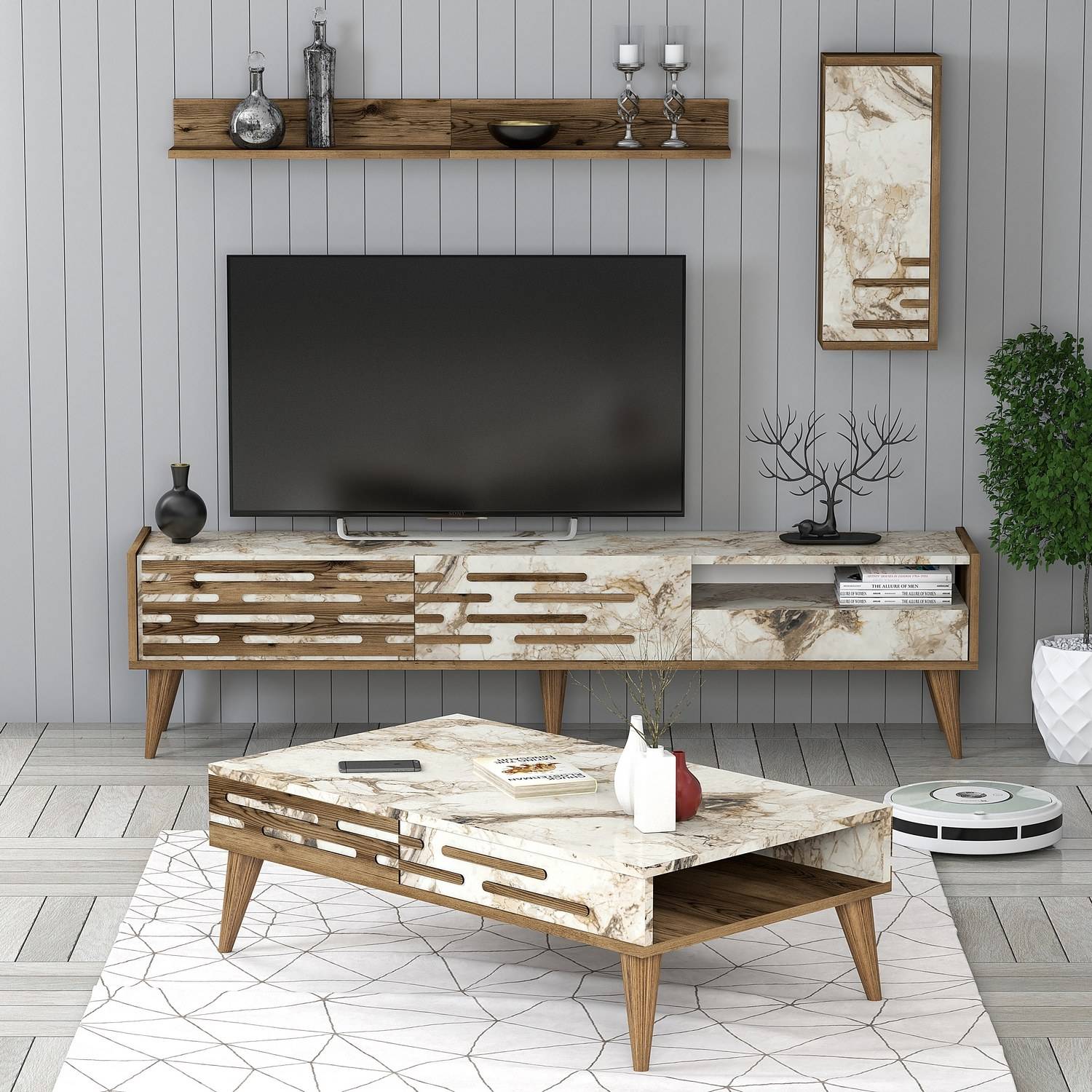 Set di mobili per il soggiorno Oviva in legno scuro e marmo bianco
