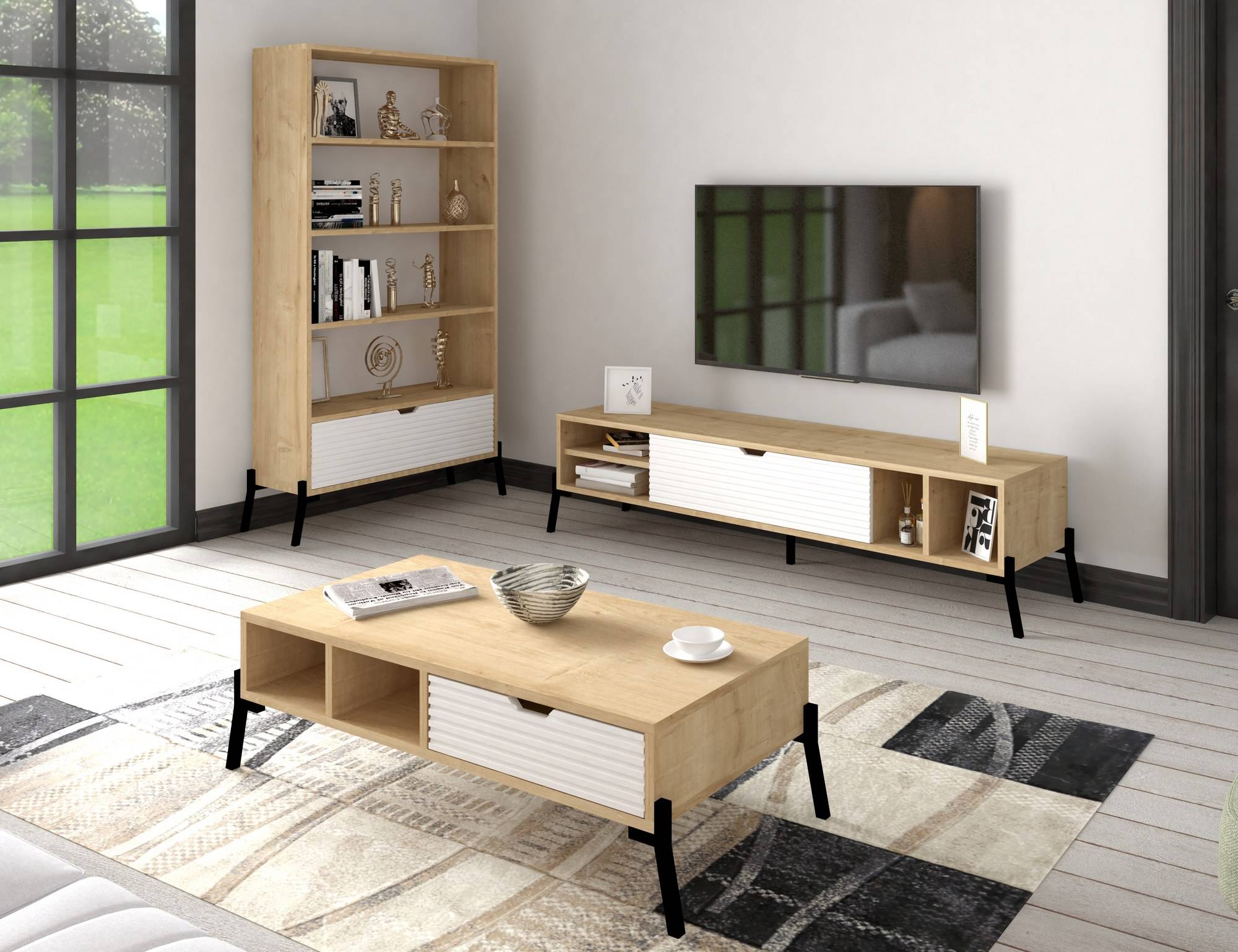 Conjunto de muebles de salón Radi Roble claro y blanco