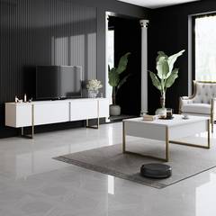 Wohnzimmermöbel-Set Sibylle Metall Gold und Holz Weiß