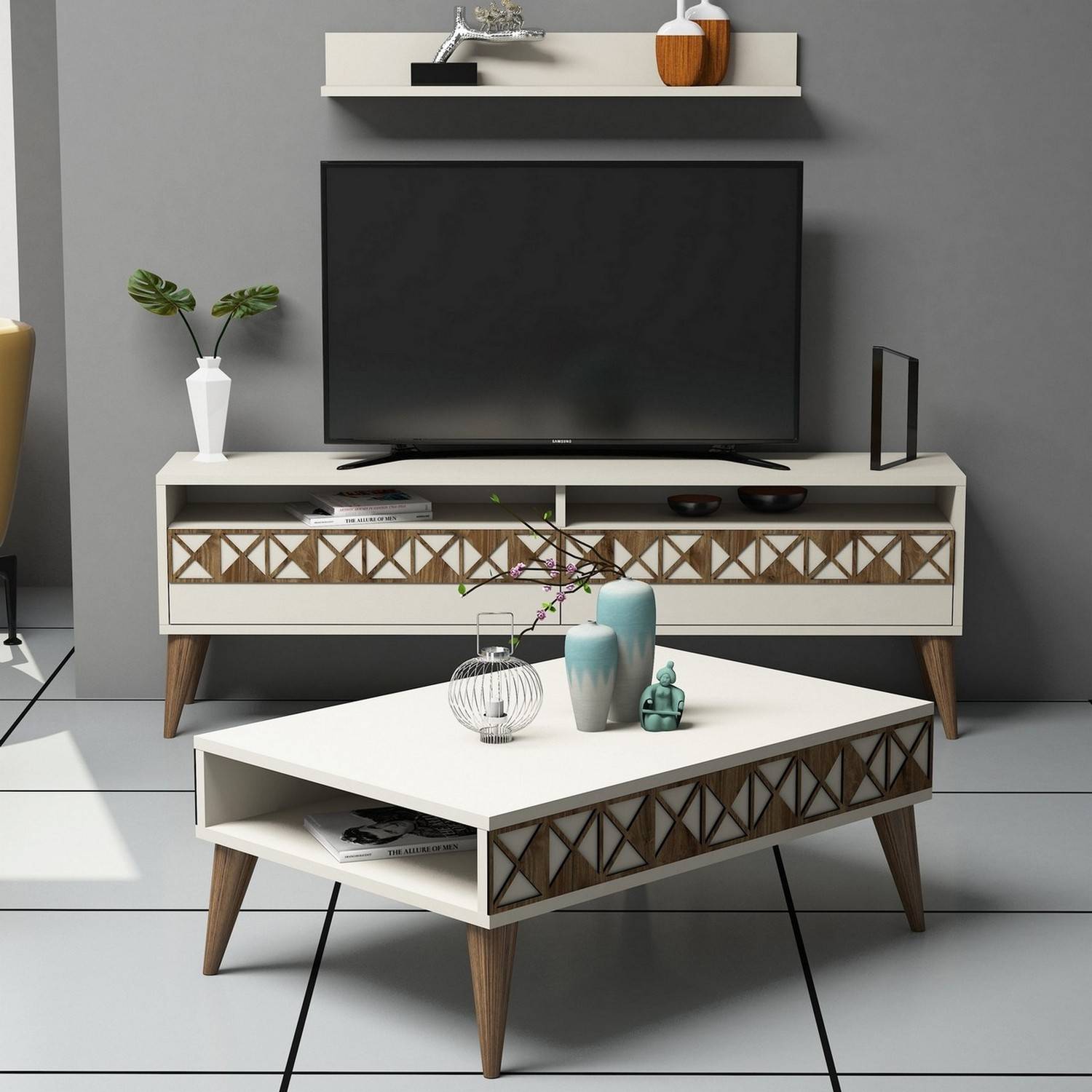 Waedo woonkamer meubelset Geometrisch patroon Crème wit en Donker hout