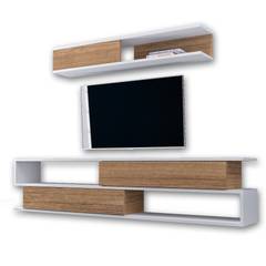 Set aus 2 Strider TV-Schränken und Wandregalen in hellem Holz und Weiß