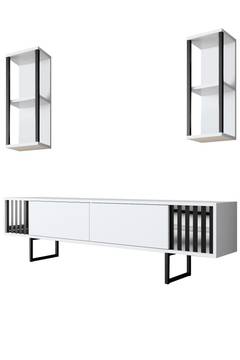 TV-Möbel mit 2 Regalen Manaslu Metall Schwarz und Holz Weiß