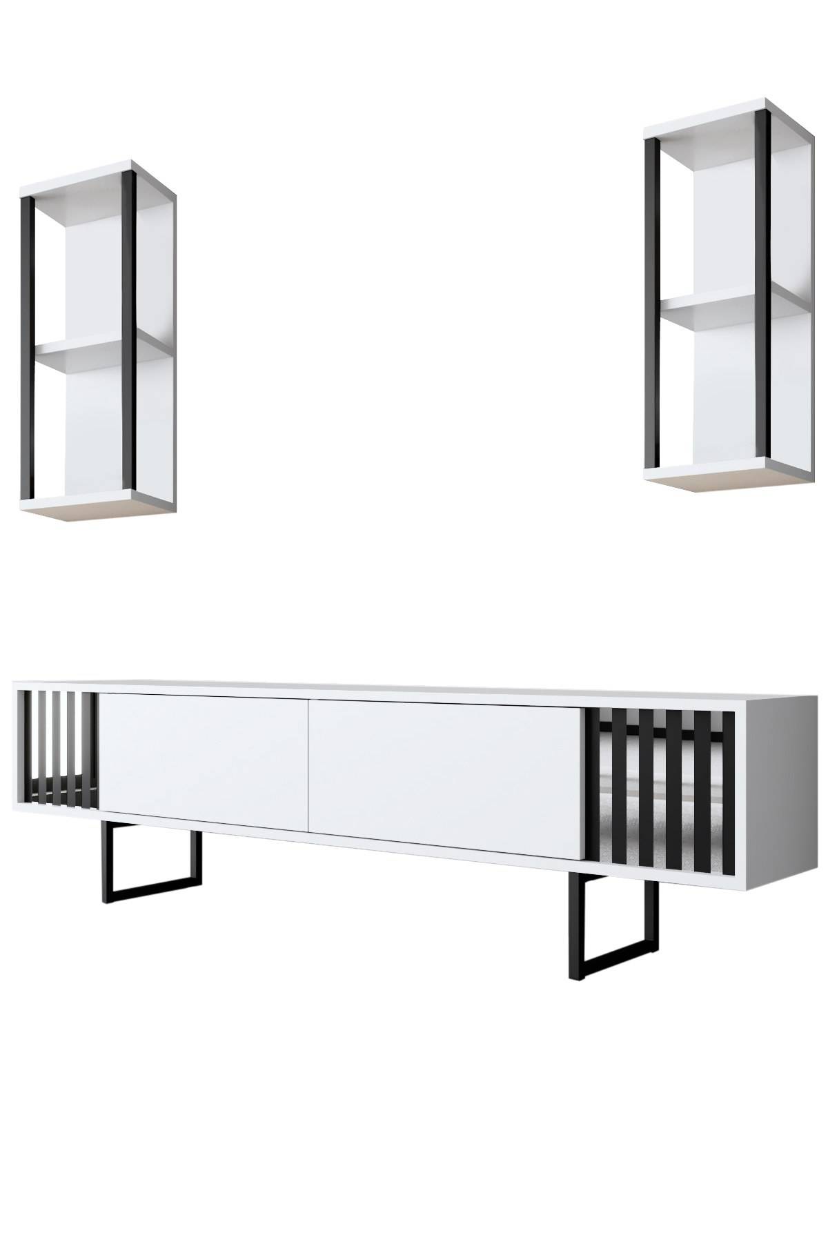 TV-meubel met 2 planken Manaslu Zwart Metaal en Wit Hout