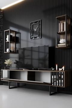 Ensemble meuble TV avec 2 étagères Manaslu Métal Noir et Bois foncé