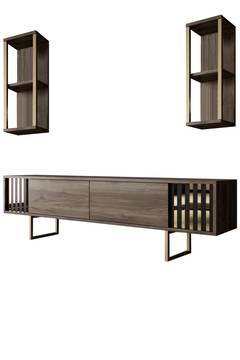 TV-Möbel-Set mit 2 Regalen Manaslu Metall Gold und dunkles Holz