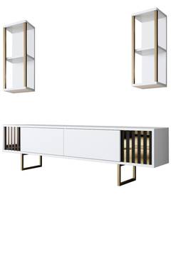 TV-Möbel mit 2 Regalen Manaslu Metall Gold und Holz Weiß