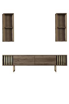 TV-Möbel-Set mit 2 Regalen Manaslu Metall Gold und dunkles Holz
