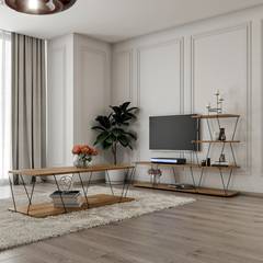 TV-meubel Filumis met schap en salontafel in zwart metaal en licht hout
