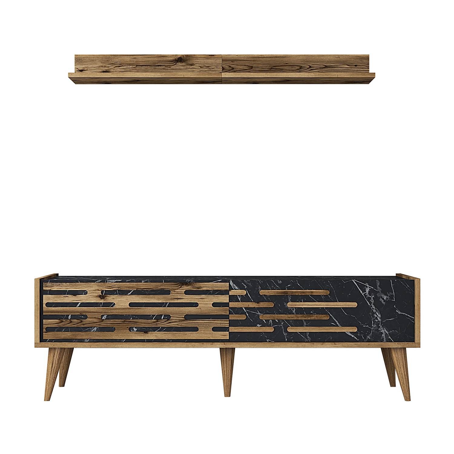 TV-meubel met wandplank Oviva Donker hout en zwart marmereffect