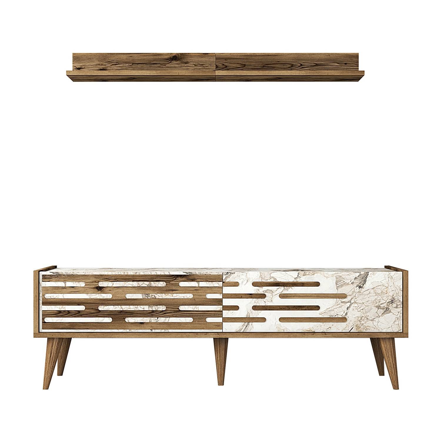 Oviva TV-Möbel mit Wandregal aus dunklem Holz und Marmoreffekt Weiß