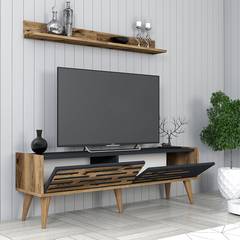 TV-meubel met wandplank Oviva Donker hout en Antraciet