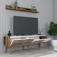 TV-meubel met wandplank Oviva Donker hout en Wit